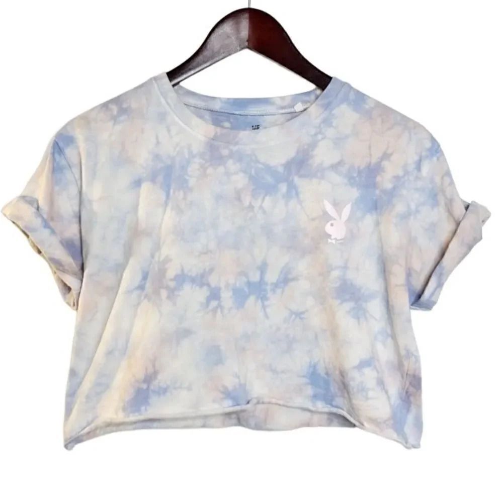 🎄Me to We Tie Dye Playboy Short Sleeve Crop Top Purple Small